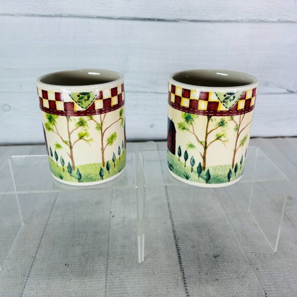 Thomson Pottery COUNTRY HOME Red White Check Farmhouse Tree 10 oz Cup Mugs Set 2 - Picture 3 of 15